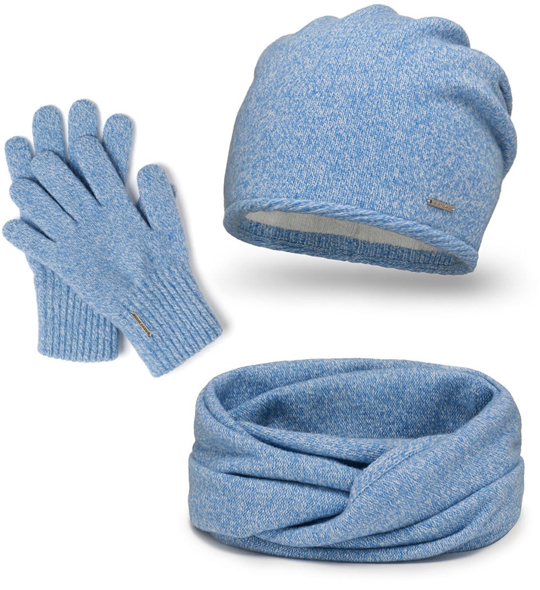 Vivisence Dames Winter Set Muts Sjaal Handschoenen - Wollen Garen Met Zachte Voering In De Muts Dubbelgeslagen Col En Rekbare Manchetten - Heerlijk Warm En Comfortabel Voor Dagelijks Gebruik - Lichtblauw gemêleerd — cadeau in Mode & Accessoires - foto 4