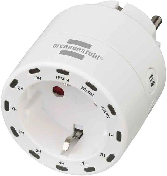 Witte Brennenstuhl tijdschakelaar met ronde wijzerplaat en instelbare tijden in uren en minuten.