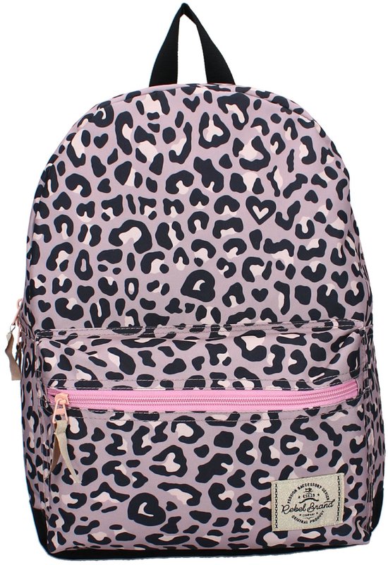 Roze rugzak met panterprint, roze ritsen en label.