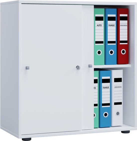 Witte kast met schuifdeuren, twee niveaus met ordners: boven rood, groen, blauw; onder groen, blauw, wit.