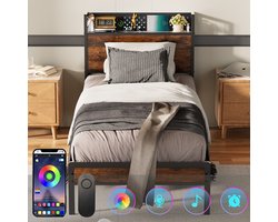 KUTAS Metalen Bed 90x200 cm - Eenpersoonsbed - Met Lattenbodem - Bedframe met Led Verlichting - Met Stopcontacten - USB -Type C - Eenvoudige Montage - Voor 1 personen