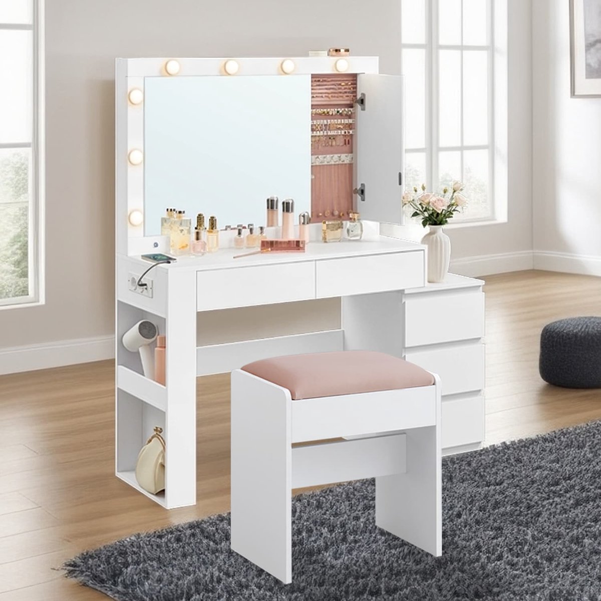 Songmics Kaptafel met ledverlichting – Met spiegel en sieradenkast – 40 x 125 x 140 cm – Wolkenwit