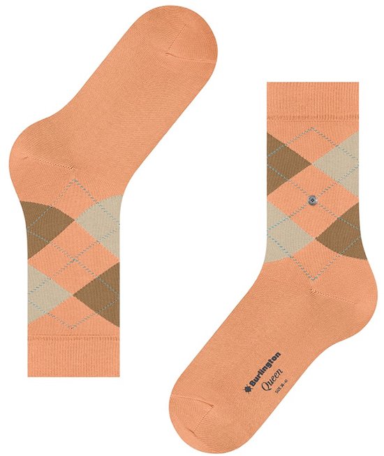 Oranje Burlington Queen sokken met ruitpatroon in bruin en beige.