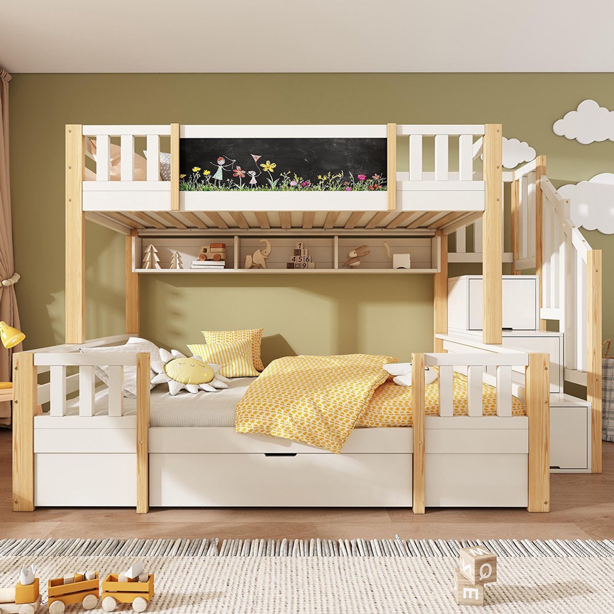 KOMHTOM BLACKCOLORS Stapelbed voor 3 kinderen 90x200 & 140x200 van massief hout met schoolbord, trap met opbergruimte, 2 lades en ladderkast, stabiel hoogslaper/stapelbed voor tieners, naturel wit Natuurlijk, Wit