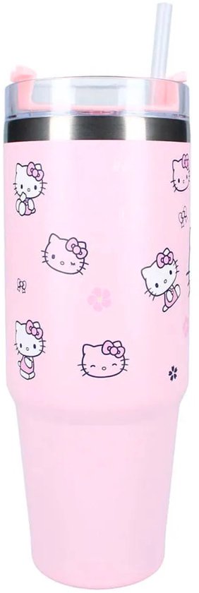 Roze beker met een patroon van kleine Hello Kitty gezichtjes en figuurtjes. Inclusief rietje.