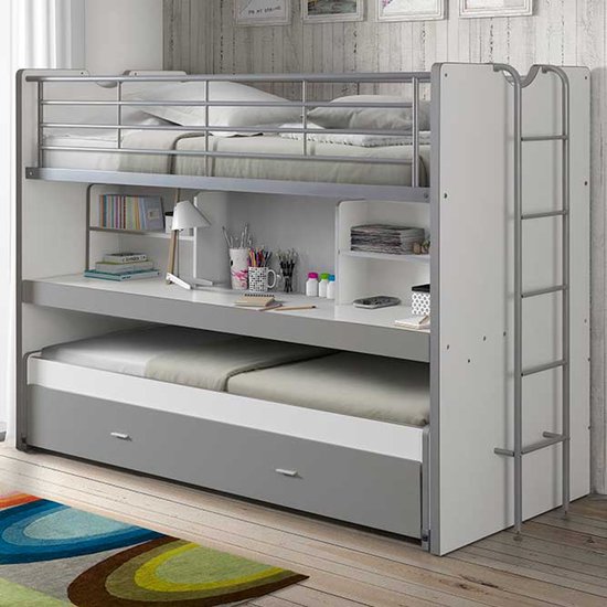 Lit mezzanine Bonny 80 avec bureau et tiroir de lit - gris - Vipack - Lits mezzanines avec bureau - Gris - Métal|Panneaux de particules - Lits mezzanines avec bureau