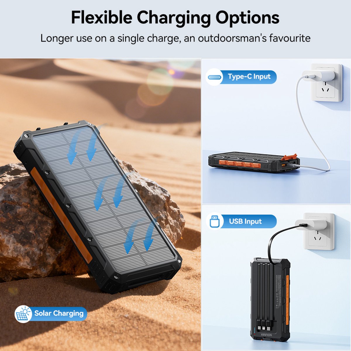 Sounix Solar Powerbank 30000 mAh - 22.5W snellader Powerbank - afbeelding 3
