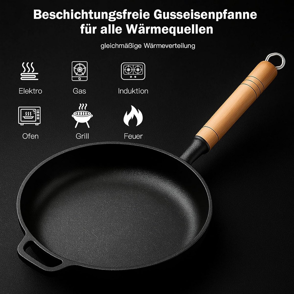 Gietijzeren pan met afneembare houten handgreep, 23-29 cm