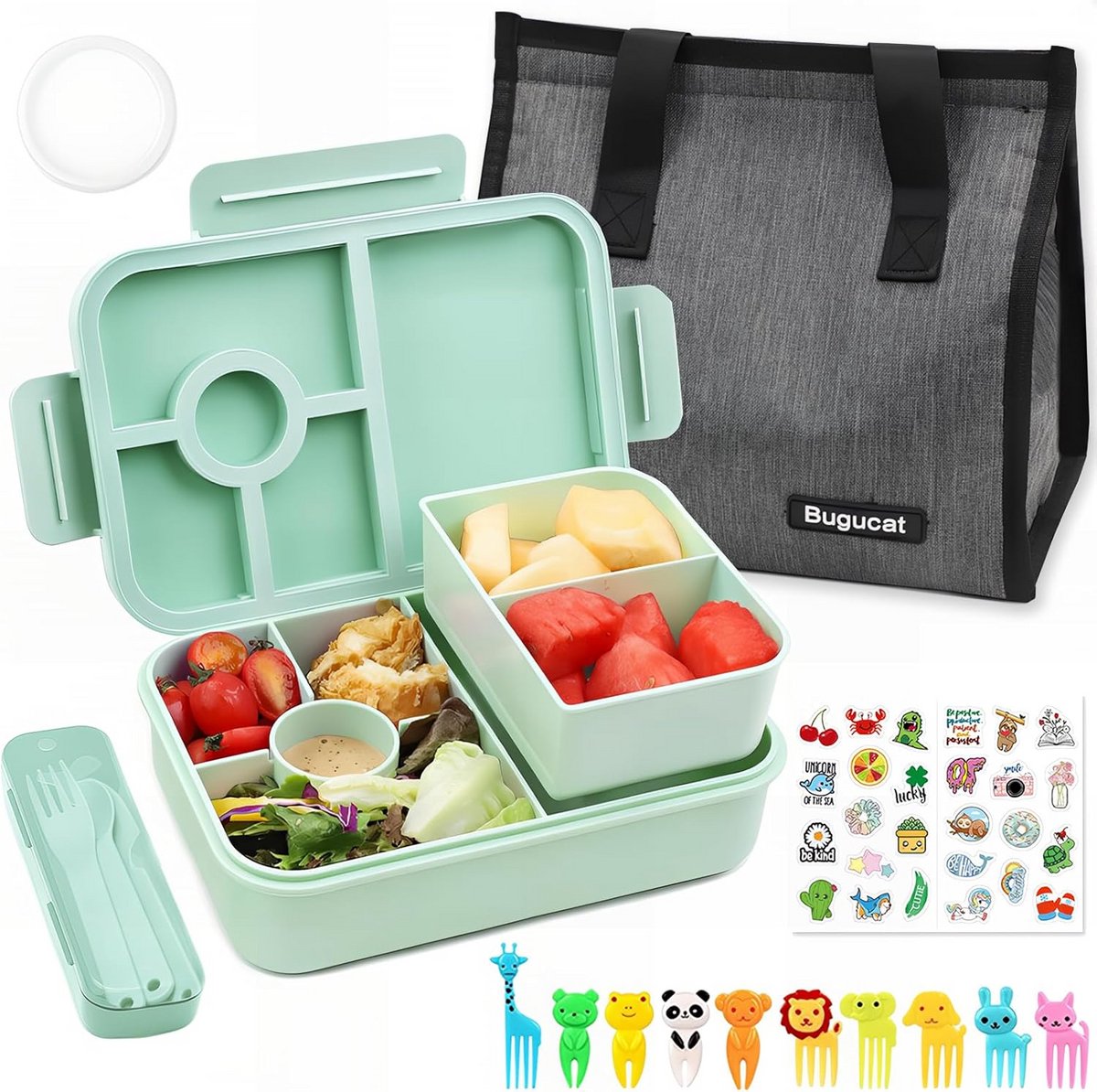 Bento Lunchbox 1300 ml - 4 Vakken - Incl. Bestek - Groen