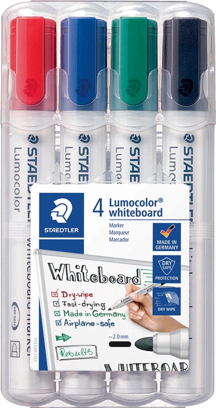 Staedtler Lumocolor whiteboard markers, 4 kleuren (rood, blauw, groen, zwart) in plastic verpakking met informatie over de kenmerken.