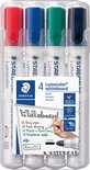 Staedtler Lumocolor whiteboard markers, 4 kleuren (rood, blauw, groen, zwart) in plastic verpakking met informatie over de kenmerken.
