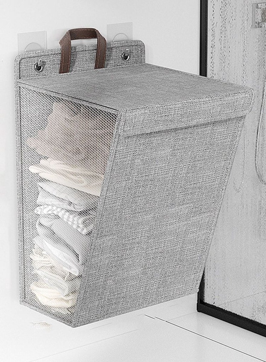 Opvouwbare wasmand met deksel en handvat, ophangbaar, ademende wasmand, grijs.
