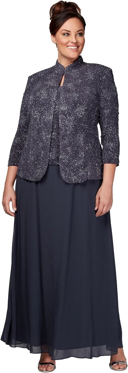 Elegante Plus Size Avondjurk Set met Manteljas en Mandarin Kraag