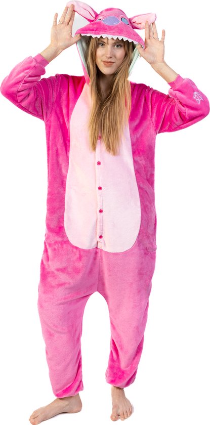 KIMU Onesie Pink Stitch Suit - Taille 128-134 - Combinaison Monster Housesuit Pyjama Polaire Enfants Fille Angel Monstre Lilo Alien Polaire Cadeau de Noël