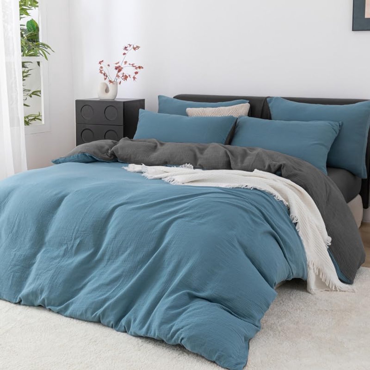 Unyqoos Ademende katoenen beddengoedset marineblauw met kussensloop en ritssluiting