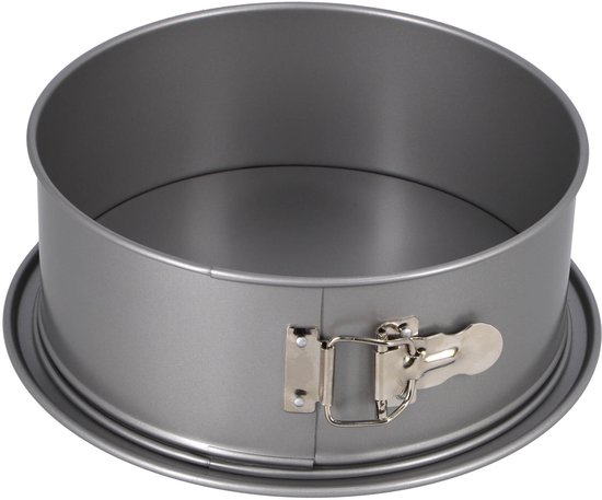 Zilverkleurige ronde springvorm met klem.