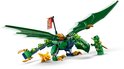 Groene LEGO draak met gespreide vleugels en LEGO figuur Lloyd naast Drakenbaby op witte achtergrond.