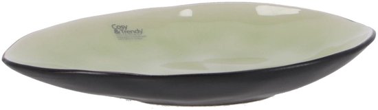 Lichtgroen ov-vormig bord met glanzende binnenkant en zwarte, matte buitenkant.