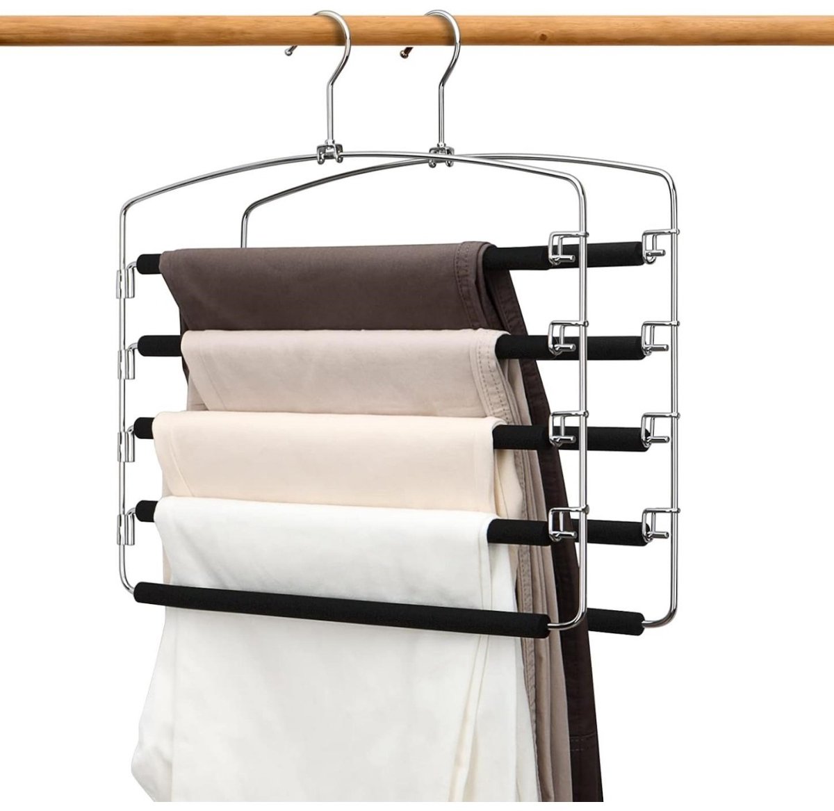 GELLDG 2 stuks 5-laags broekhangers - Metaal - Ruimtebesparende hanger - Schuifbare broekhanger - Met 360° draaibare haken en afneembare stang - Geschikt voor kleding, broeken, sjaals en stropdassen - Zwart