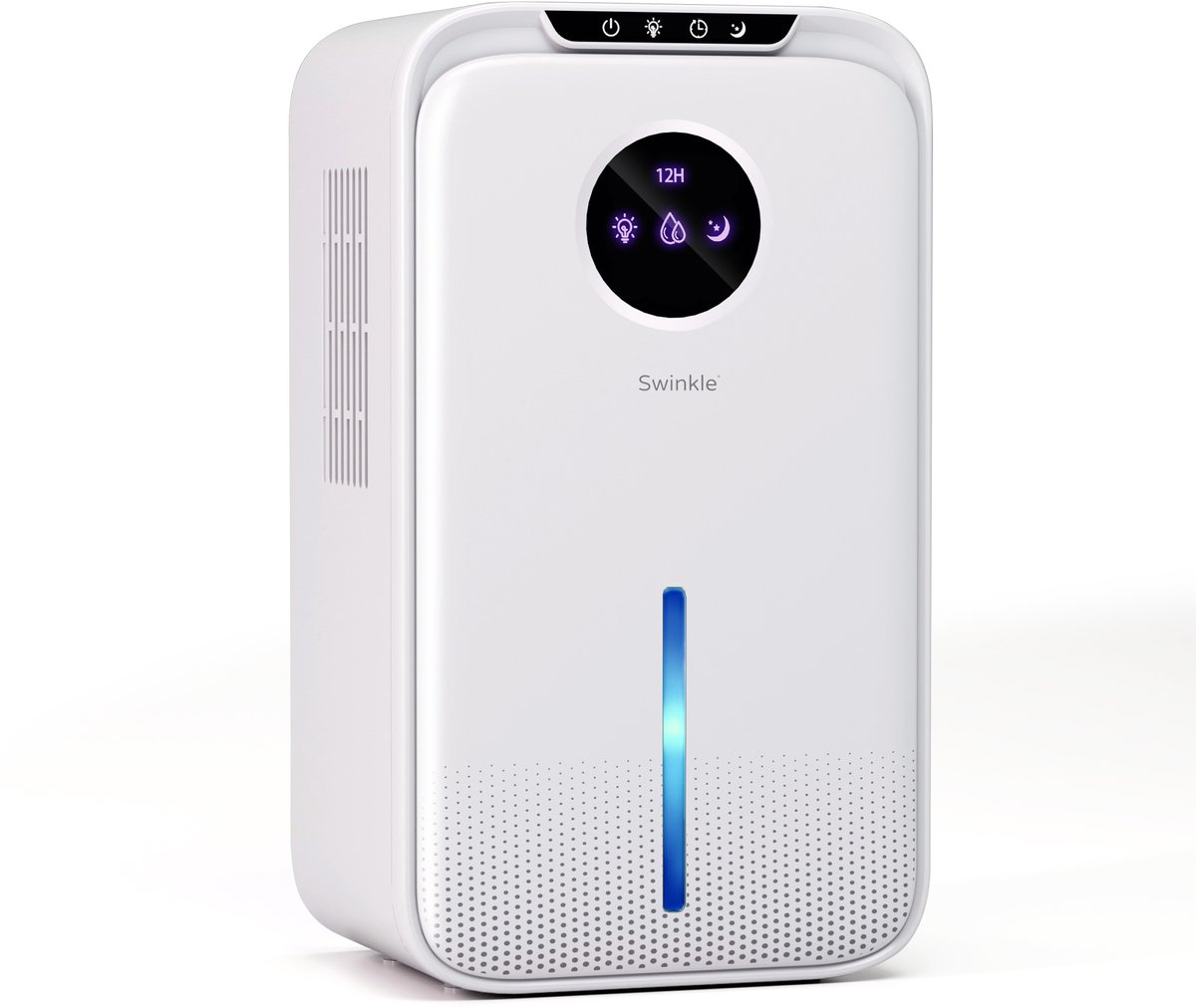 Swinkle Luchtontvochtiger 2.5L – Ontvochtigt tot 1L per dag – Dehumidifier met Ionisator & 7-Kleuren LED – Stil & Energiezuinig – Voor Slaapkamer, Badkamer & Woonkamer – Wit