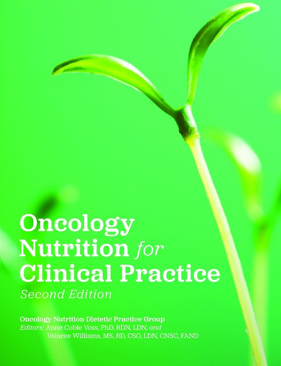 Livre "Oncology Nutrition for Clinical Practice", deuxième édition, avec un fond vert et une jeune plante.
