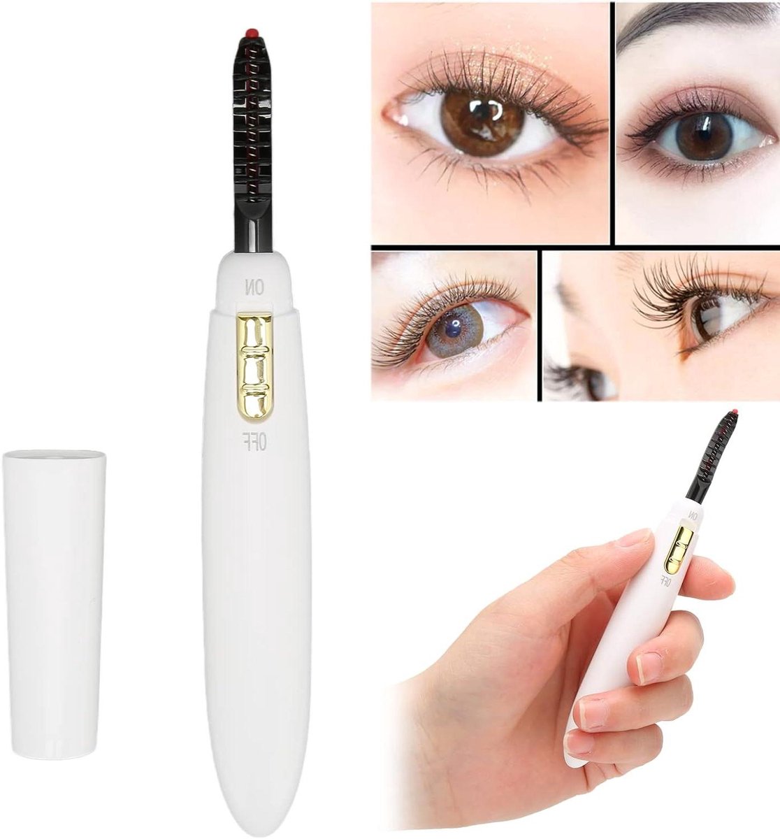 Verwarmde wimperkruller voor langdurige krullen en professioneel gebruik in wit.