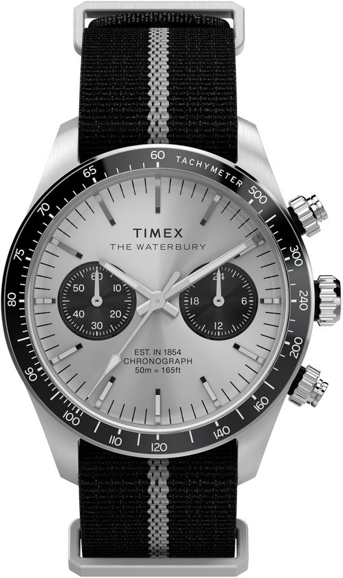 Timex Waterbury Heritage Chronograph Quartz Chronographe Montre Noir-Blanc Boîtier : 100% Acier Inoxydable | Bracelet 100% Textile 39 mm TW2Y35500AJ