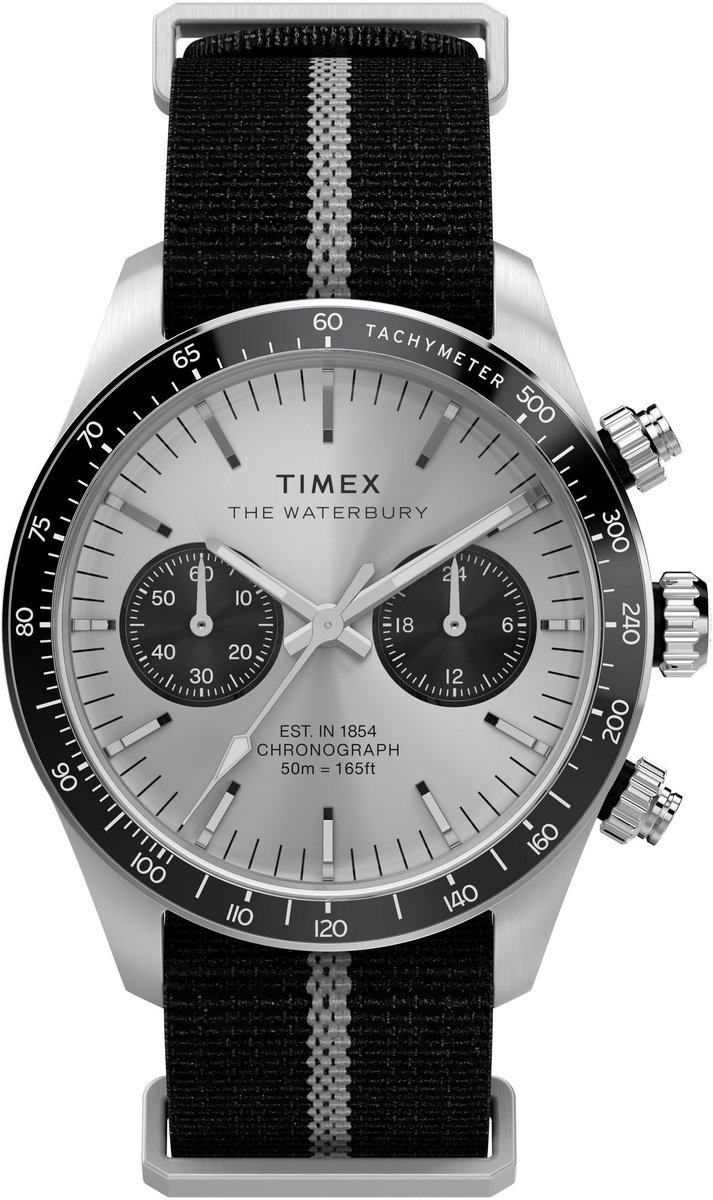 Timex Waterbury Heritage Chronograph Quartz Chronograaf Horloge Zwart-Wit Kast: 100% Roestvrij Staal | Armband 100% Textile 39 mm TW2Y35500AJ