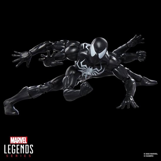 Marvel Legends Dark Avengers Spider-Man actiefiguur in spinnenpositie, zwart met wit spinnenlogo en zes extra armen.
