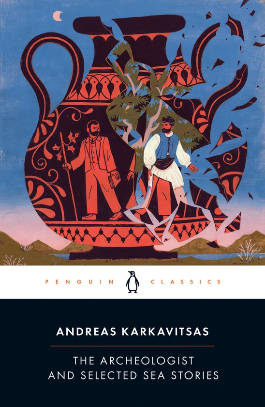 Cover van 'The Archeologist and Selected Sea Stories' met een illustratie van een gebroken amfoor met twee mannen en een boom.