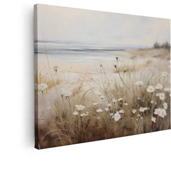 Schilderij van duinbloemen en gras aan de kust, met zachte kleuren.