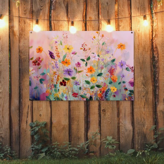 Affiche de jardin 120x80 cm - Décoration de jardin Tableau - Fleurs - Abstrait - Coloré - Affiche pour le jardin - Décoration extérieure - Tableau de clôture de jardin - Toile de jardin décoration murale - Décoration murale toile de balcon