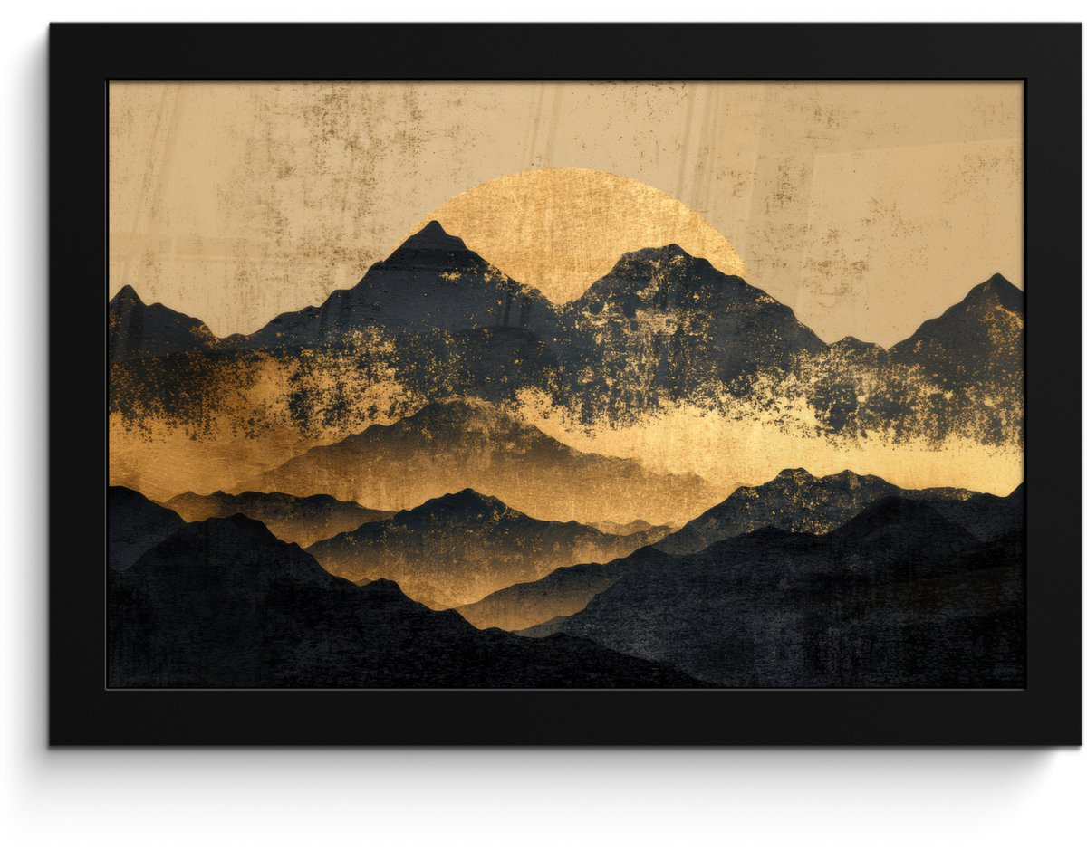 FrameYourWall Poster in lijst - Fotolijst 30x20 cm - Posters - Gouden Bergen bij Maanlicht - Posterlijst zwart - Decoratie - Wanddecoratie woonkamer - Muurdecoratie slaapkamer Bergen - Goud - Schilderij