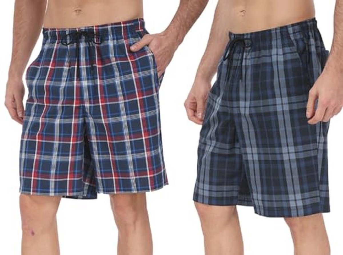 Set van 2 korte pyjamabroeken voor heren met zakken - Geruite katoenen shorts voor thuis