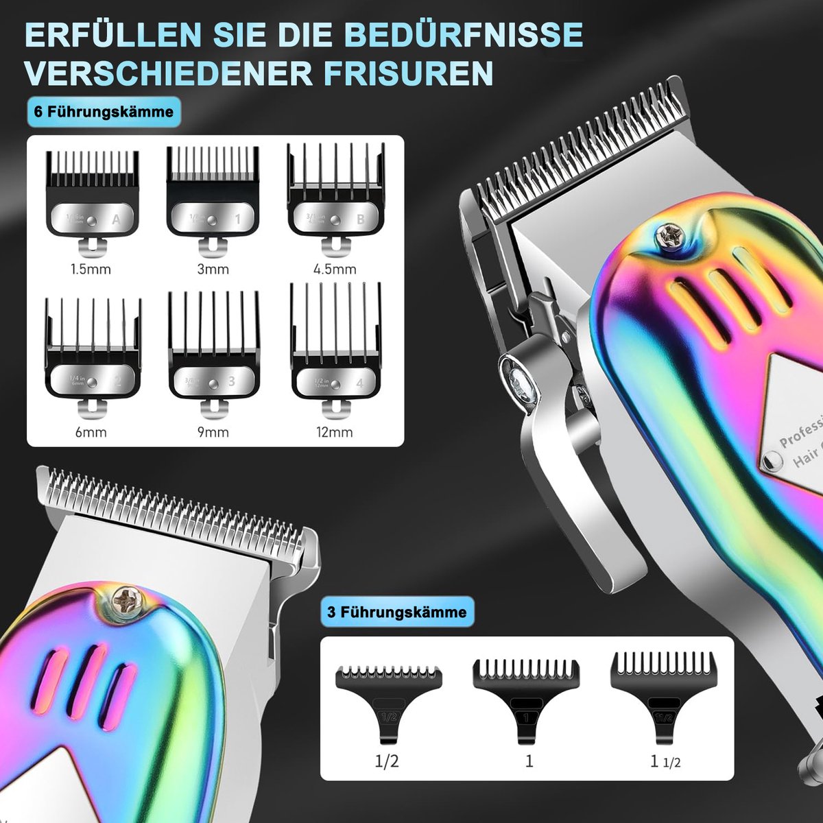 OKWISH Tondeuses - Draadloze Tondeuse Set Voor Thuis, Professionele Haar Tondeuse Met Verstelbare Kammen, Trimmer Set, Metaal + Roestvrij Staal, 22,2x23,8x6,7 cm, Zilver thumbnail 6