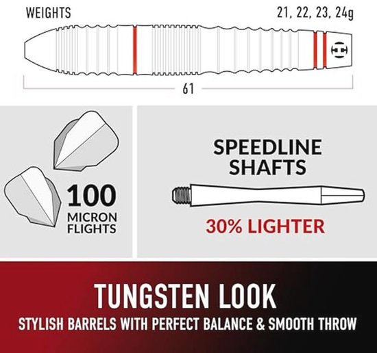 Harrows Rage Tungsten Style Dart Flights - Steel Tip Darts Set with Carrying Case - 21g, 22g, 23g & 24g| Includes Speedline Shafts & 100 Micron Rage Flights 22g van Harrows — afbeelding 3