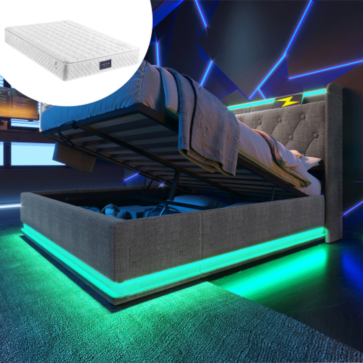 Gutent Gestoffeerd bed 160x200 cm-tweepersoonsbed-360 graden surround LED-functie-drukknop/app/afstandsbediening-gestoffeerd hoofdbord-met matras Grijs