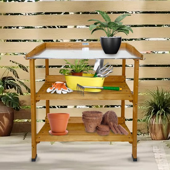 Lendo Online - Oppottafel - Tuinwerktafel - Plantentafel - Werktafel voor tuin - Tuinwerkbank met gegalvaniseerd werkblad - 76x37x92 cm - vurenhout - bruin
