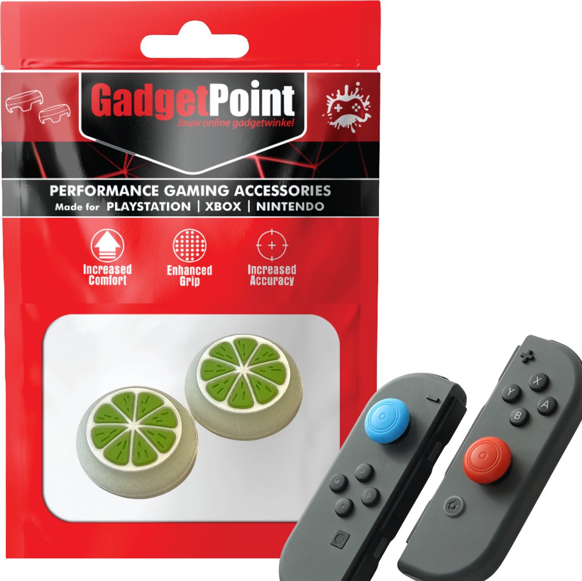 Gadgetpoint - Thumb Grips voor Nintendo Switch Joy-Con Controllers - Gaming Thumbgrips - Performance Anti-Slip Thumbsticks - Bescherming Accessoires - Fruit - Groen met Wit