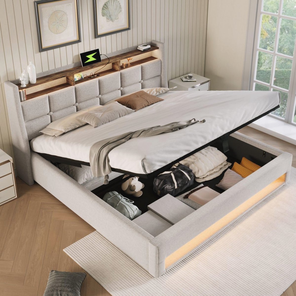 Gestoffeerd bed 140 x 200 cm met USB en opbergfunctie - led-bedframe van metaal met lattenbodom in grijs