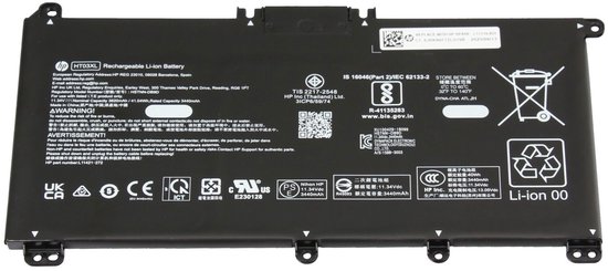 Batterie Li-ion rechargeable HP HT03XL noire de 41.04Wh. Avec informations produit et marquages.