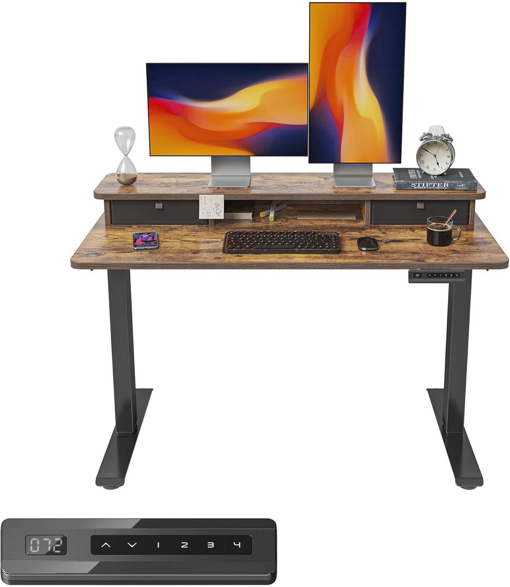 In hoogte verstelbaar elektrisch sta-bureau met dubbele lade - 120 x 60 cm