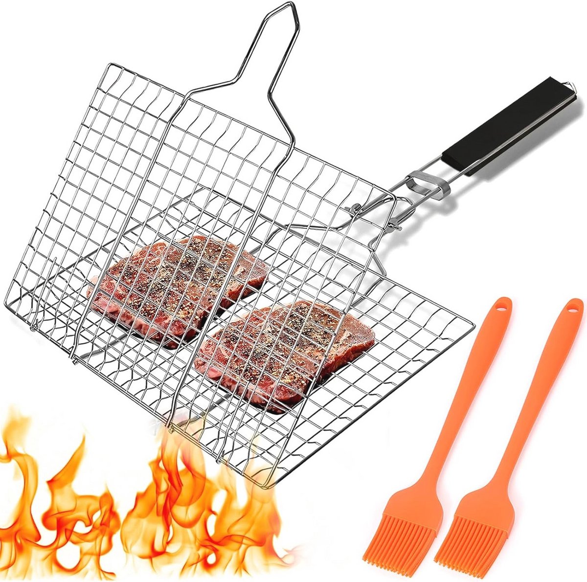Draagbare Visgrillmand met 2 Borstels - Roestvrij Staal voor Outdoor BBQ en Camping