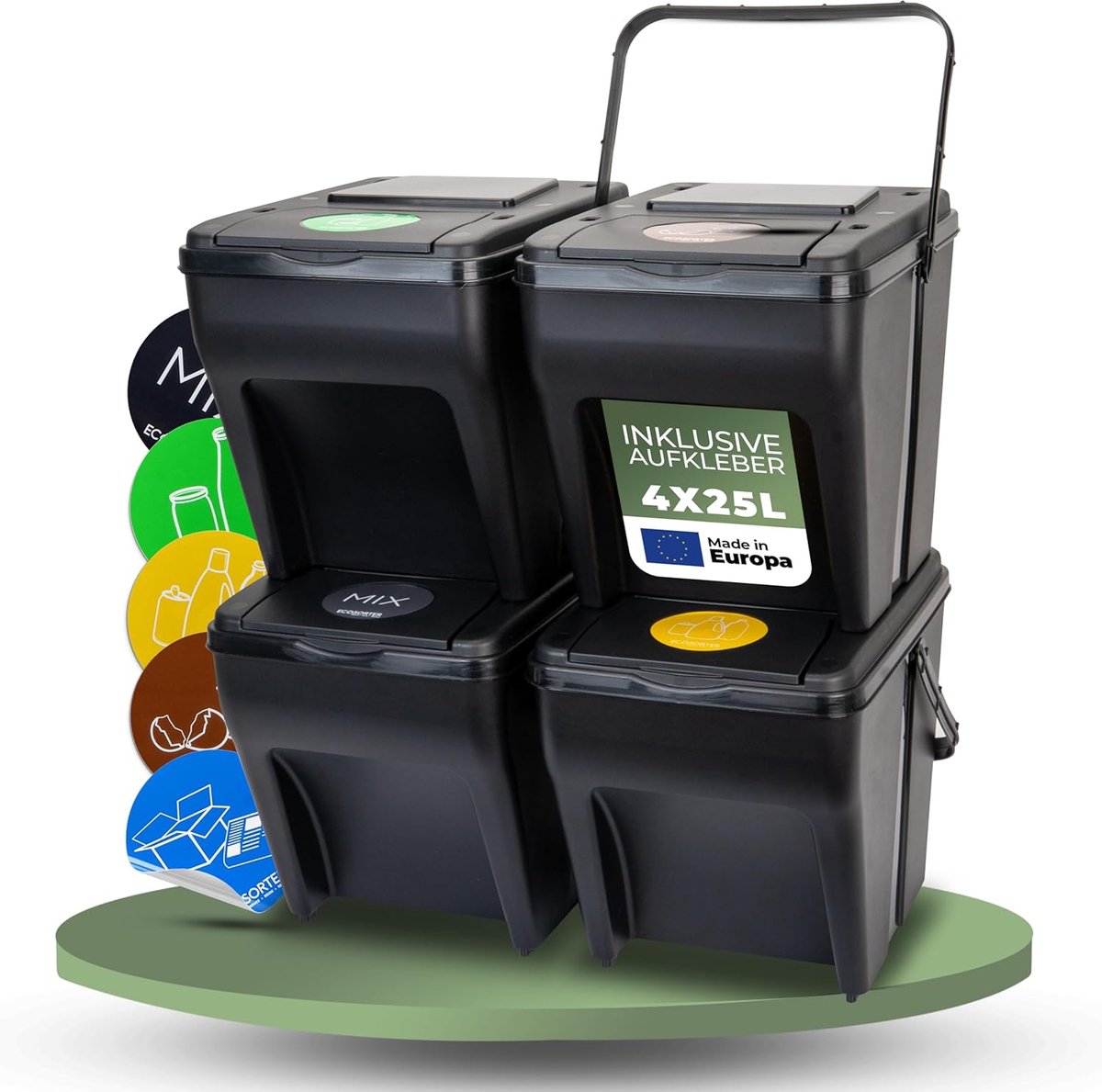 Novaliv Afvalscheidingssysteem Set - 4 x 25L Afvalbakken - Bakken met 4 Vakken - Stapelbare Afvalscheidingssystemen - Recyclingbakken - Afvalscheidingssysteem - Afvalorganizer - Afvalsorteerder