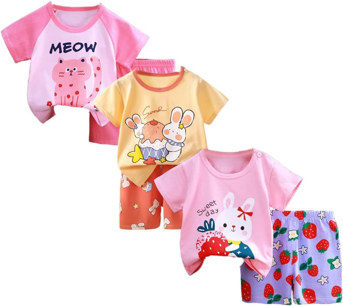 Set van 3 Baby Meisjes T-Shirts met Korte Mouwen en Shorts (6-pack Optie)