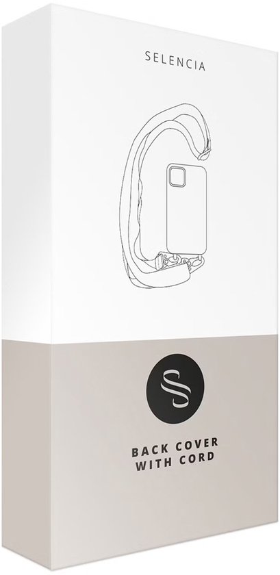 Emballage d'un étui de téléphone marron avec cordon, avec un dessin schématique du produit.