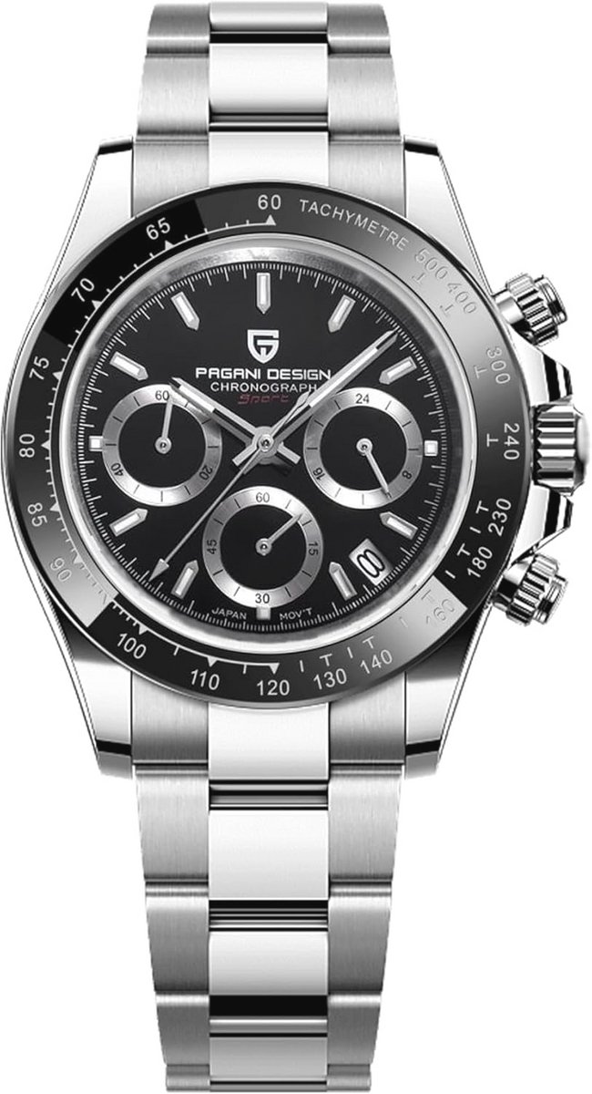 Pagani Design herenhorloge, saffierglas, chronograaf, roestvrij staal, waterdicht, lichtgevend horloge, Japans uurwerk, kwarts, horloge voor mannen