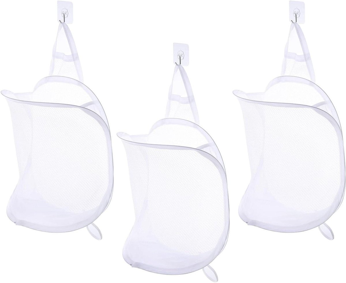 Allecta - Hangende waszak met haken voor thuis, camping en hotelgebruik - Set van 3 - Opvouwbare mesh-wasmand in wit