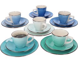 18-delige Handbeschilderde Koffieservice voor 6 Personen - Aardewerk Servies met Kopjes, Schoteltjes en Taartborden - Kleurrijk