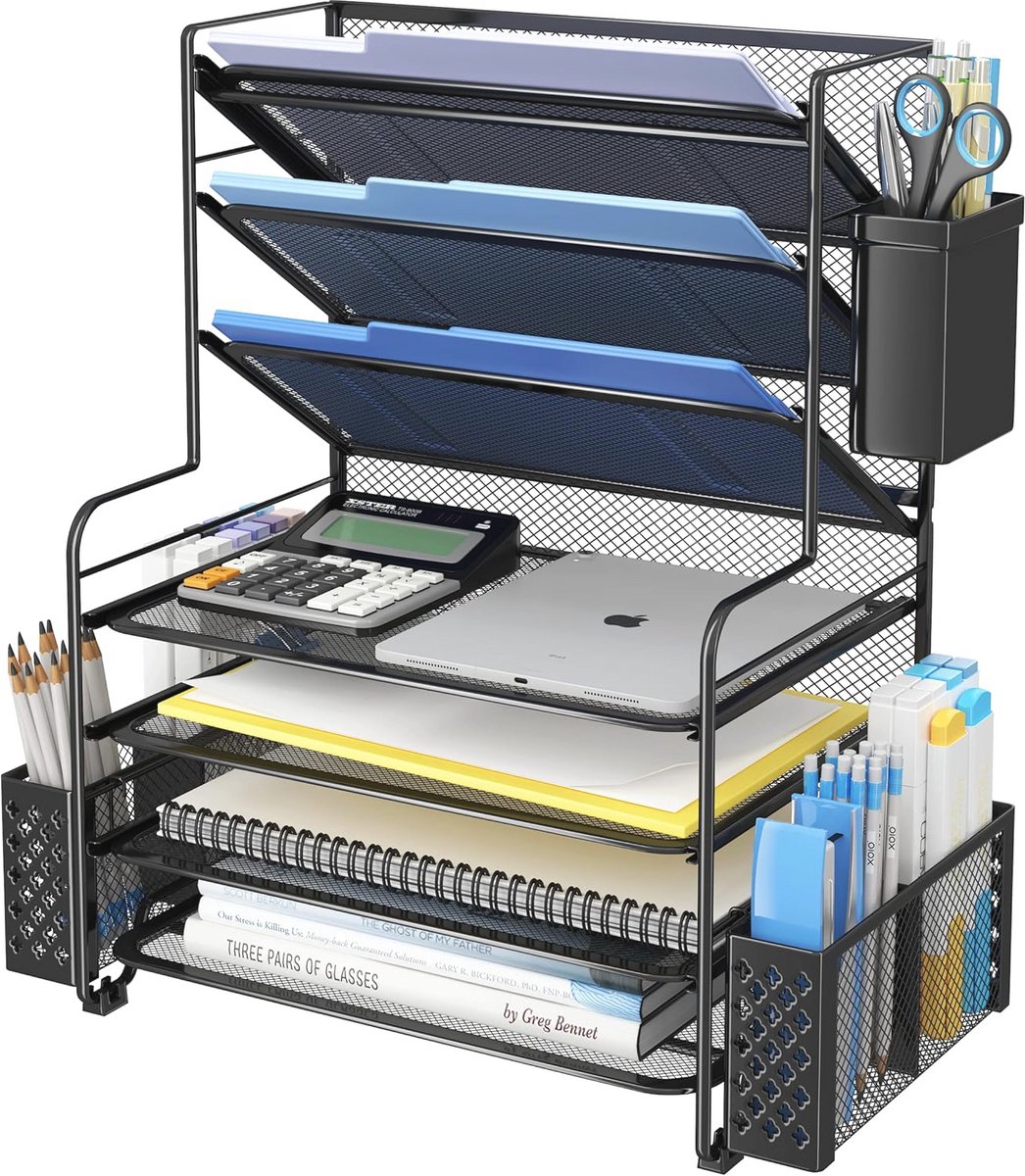7-laagse Bureau File Organizer met Pen Houder en Metalen Hangmand - Zwart